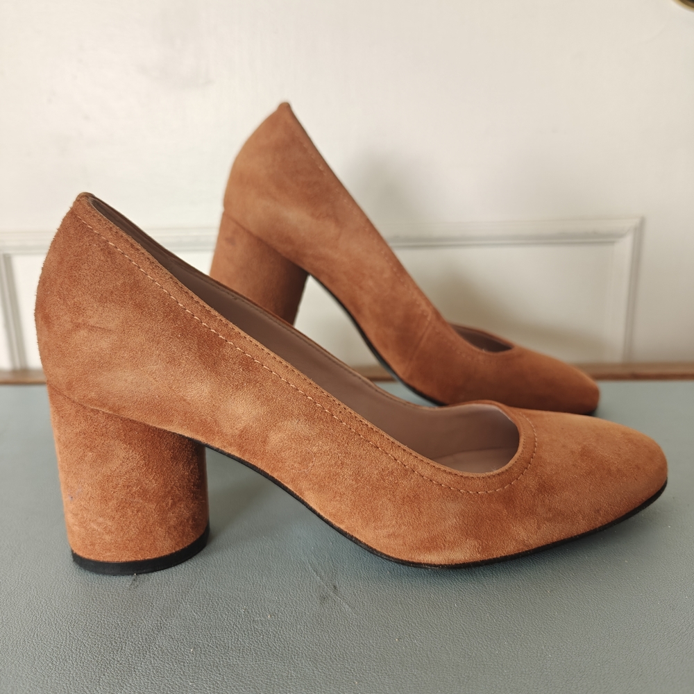 Taryn Rose Filomena Block Heel Pump, Tan Suede, Women's Size 7